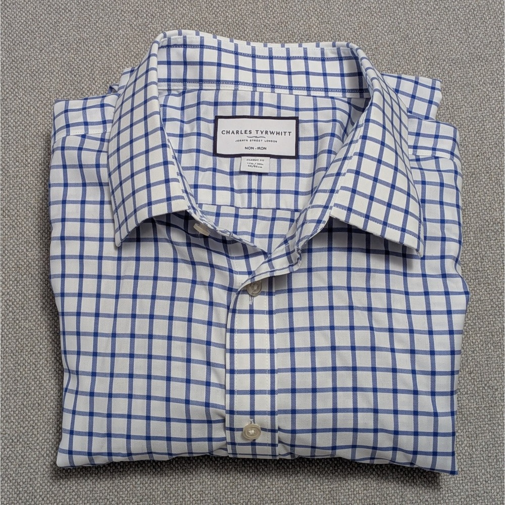 CHARLES TYRWHITT Men's Dress Shirt Blue White Check 17.5/34 Non-Iron Classic Fit